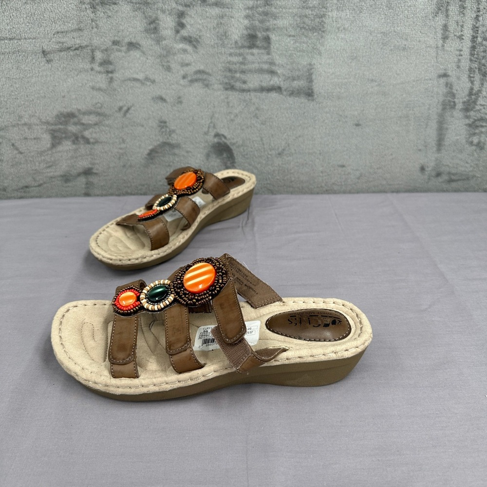 Cliffs White Mountain Sandals Women 10 Brown Beaded 3 Strap Slide Boho Hippy